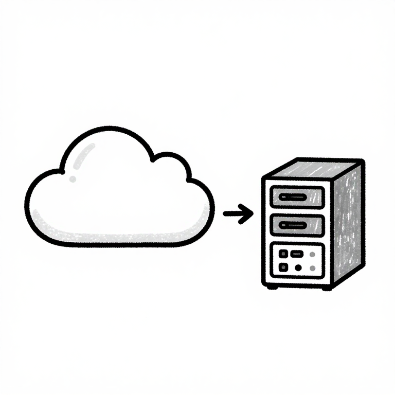 Cloud vs local computing concept illustration, pencil sketch of cloud icon versus local server